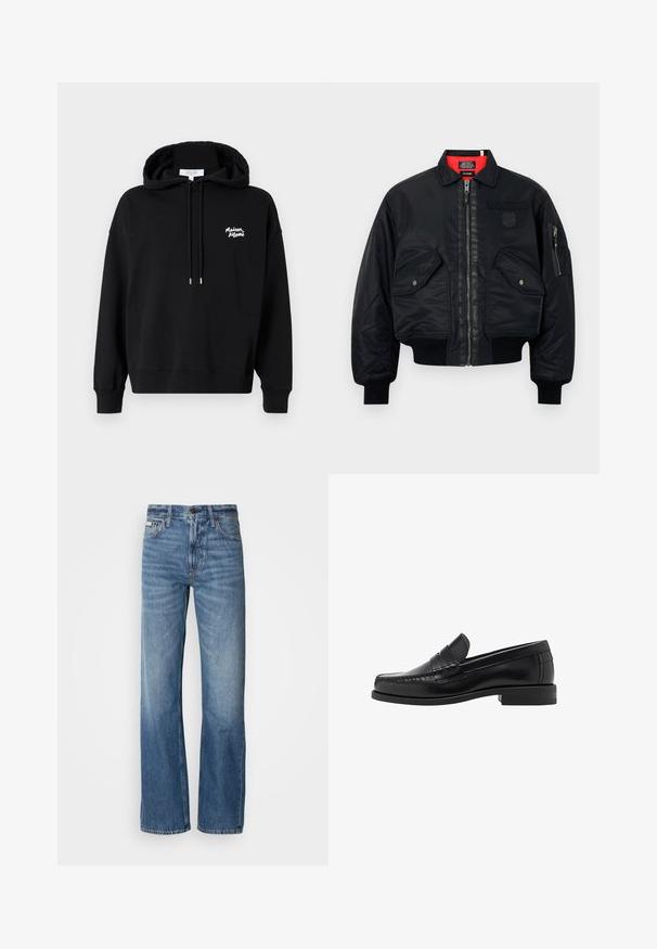 Jachetă bomber neagră cu închidere cu fermoar, având o căptușeală interioară roșie, două buzunare frontale și un buzunar lateral. Material texturat cu un finisaj mat.; Hanorac negru din bumbac, cu buzunar frontal tip kangaroo, glugă cu șiret și logo brodat alb pe piept. Mâneci lungi cu manșete ribbish.; Jeans din denim albastru cu o croială dreaptă, talie înaltă și o decolorare subtilă. Include închidere cu nasture și fermoar, precum și un design clasic cu cinci buzunare.; Mocasini negri din piele, cu un finisaj neted, detalii cusute pe vârf și un design cu toc jos pentru confort și stil.