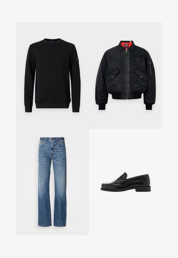 Czarna kurtka bombowca z zamkiem błyskawicznym, z czerwoną podszewką, dwoma przednimi kieszeniami i jedną kieszenią boczną. Teksturowany materiał o matowym wykończeniu.; JOOP! STEVE czarny; Szara, długosleeve koszula zapinana na guziki, wykonana z gładkiego bawełnianego materiału. Posiada klasyczny kołnierzyk i zaokrąglony dół oraz sześć ciemnych guzików z przodu.; Niebieskie dżinsy z prostymi nogawkami, wysokim stanem i delikatnym wyblaknięciem. Zawierają zapięcie na guzik i zamek błyskawiczny oraz klasyczny pięciopocketowy design.; Czarne skórzane mokasyny o gładkim wykończeniu, ze stębnowaniem na nosie i niskim obcasem, zapewniającymi komfort i styl.