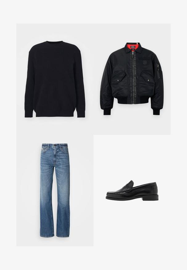 Zwarte bomberjack met ritssluiting, voorzien van een rode binnenvoering, twee voorzakken en een zijzak. Getextureerde stof met een matte afwerking.; Zwart geribbeld sweater met lange mouwen en een ronde halslijn. Gemaakt van zacht gebreid stof, met een relaxte pasvorm en zonder zichtbare hardware-details.; Grijze overhemd met lange mouwen, gemaakt van glad katoen. Heeft een klassieke kraag en een afgeronde zoom met zes donkere knopen aan de voorkant.; Blauwe spijkerbroek met een rechte pijp, hoge taille en subtiele vervaging. Voorzien van een knoop- en ritssluiting, en een klassieke vijf-pocketontwerp.; Zwarte leren instappers met een gladde afwerking, gestikte details op de neus en een lage hakontwerp voor comfort en stijl.