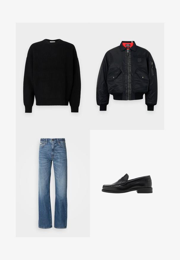 Schwarze Bomberjacke mit Reißverschluss, featuring ein rotes Innenfutter, zwei Fronttaschen und eine Seitentasche. Strukturierter Stoff mit matter Oberfläche.; Schwarzer Strickpullover mit geripptem Muster, Rundhalsausschnitt und überschnittenen Schultern, mit langen Ärmeln und einem lässigen Schnitt.; Graues Langarm-Hemd mit Knopfverschluss, hergestellt aus glattem Baumwollstoff. Verfügt über einen klassischen Kragen und einen abgerundeten Saum mit sechs dunklen Knöpfen auf der Vorderseite.; Blaue Denim-Jeans mit geradem Bein, hoher Taille und dezenten Ausbleichungen. Sie verfügen über einen Knopf- und Reißverschluss sowie ein klassisches Fünf-Taschen-Design.; Schwarze Lederloafer mit glatter Oberfläche, genähten Details an der Zehe und einem flachen Absatzdesign für Komfort und Stil.