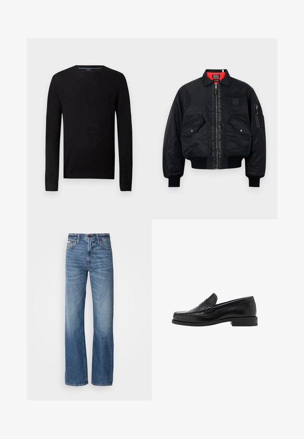 Zwarte bomberjack met ritssluiting, voorzien van een rode binnenvoering, twee voorzakken en een zijzak. Getextureerde stof met een matte afwerking.; Zwarte trui met een ronde halslijn en lange mouwen. Heeft een textuurpatroon en geribbelde manchetten voor een getailleerde silhouette.; Grijze overhemd met lange mouwen, gemaakt van glad katoen. Heeft een klassieke kraag en een afgeronde zoom met zes donkere knopen aan de voorkant.; Blauwe spijkerbroek met een rechte pijp, hoge taille en subtiele vervaging. Voorzien van een knoop- en ritssluiting, en een klassieke vijf-pocketontwerp.; Zwarte leren instappers met een gladde afwerking, gestikte details op de neus en een lage hakontwerp voor comfort en stijl.