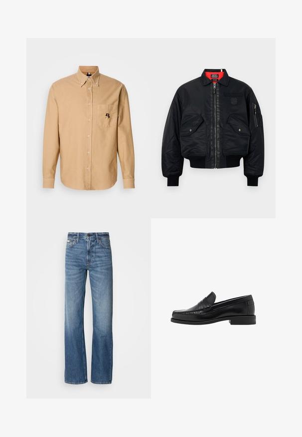 Črna bomberska jakna z zadrgo, ki vključuje rdečo notranjost, dve sprednji žepki in stranski žep. Teksturovan material z mat zaključkom.; Bež srajca z dolgimi rokavi in gumbom spredaj, z ovratnikom in žepom spredaj, na katerem je majhen vezen "B" logotip.; Modre traperice z ravnim krojem, visokim pasom in diskretnim bledenjem. Vključujejo zapiranje na gumb in zadrgo ter klasičen dizajn s petimi žepi.; Črne usnjene loafer čevlje z gladko površino, šivani detajli na prstu in nizka peta za udobje in stil.