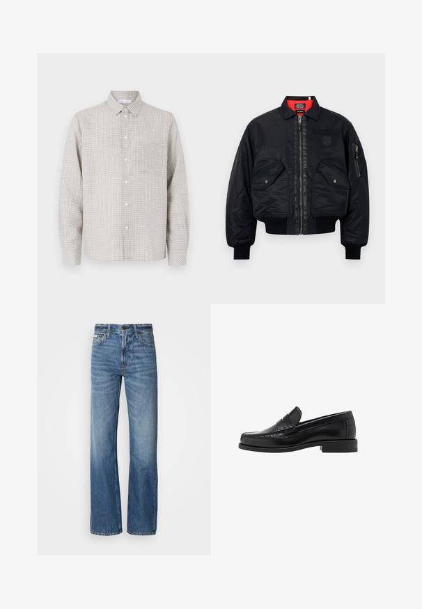 Giacca bomber nera con chiusura zip, dotata di una fodera interna rossa, due tasche frontali e una tasca laterale. Tessuto texturizzato con finitura opaca.; Camicia grigia chiaro a maniche lunghe con bottoni, caratterizzata da un motivo a quadretti, con una tasca sul petto e un colletto standard. Realizzata in tessuto a trama.; Jeans in denim blu con una vestibilità a gamba dritta, vita alta e un leggero sbiadimento. Dotati di chiusura con bottone e zip e design classico a cinque tasche.; Mocassini in pelle nera con una finitura liscia, dettagli cuciti sulla punta e un design a tacco basso per comfort e stile.