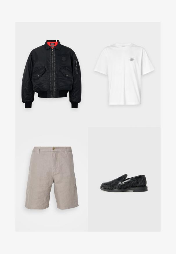Svart bomberjacka med dragkedja, som har ett rött innerfoder, två framlager, och en sidoficka. Texturerad tyg med matt finish.; Vit t-shirt i bomull med korta ärmar, rund hals och en liten grå logotyp på vänster bröst. Slät textur.; Beige linnebyxor med avslappnad passform, med knappstängning, bältesslingor och en mjuk textur. Inga synliga mönster eller detaljer.; Svart vävd slip-on sko med en slät läderdetalj på ovansidan, med rund tådesign och en låg gummisula.
