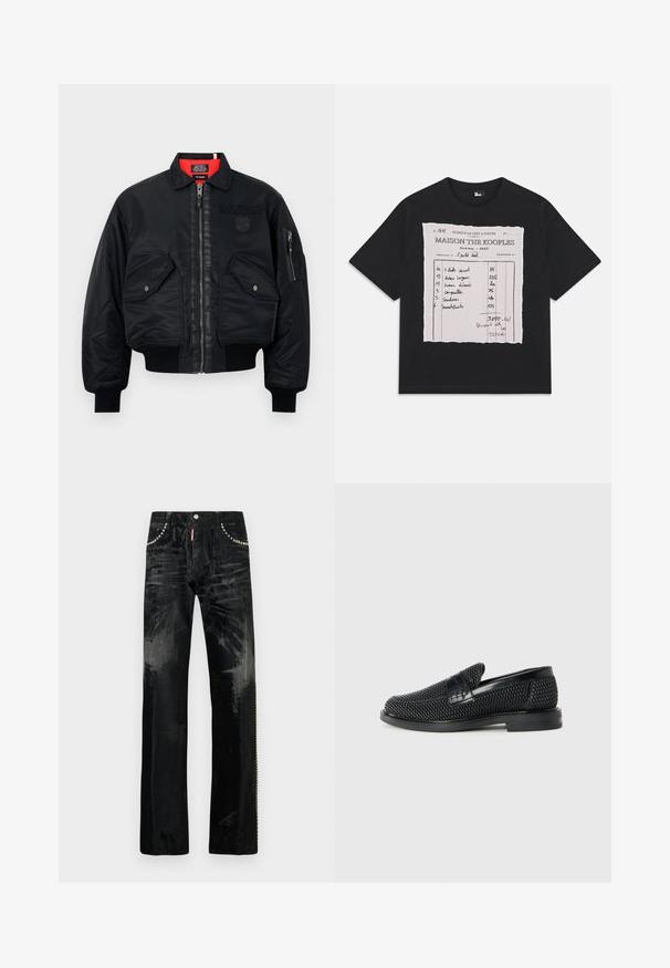 Čierna bombera bunda so zipsom, ktorá má červenú vnútornú podšívku, dve predné vrecká a bočné vrecko. Textúrovaná látka s matným povrchom.; Čierne bavlnené tričko s grafikou výstrižku, na ktorom sú ručne písané poznámky uvádzajúce podrobnosti položky a ceny v kontrastnej farbe.; Čierne rifle s dizajnom rovného strihu, vybavené lesklými kovovými doplnkami na vreckách a jemnou textúrou. Klasický štýl s 5 vreckami.; Čierne tkané slip-on topánky s hladkým koženým akcentom na vrchnej časti, s okrúlym dizajnom špičky a nízkoprofilovou gumovou podrážkou.