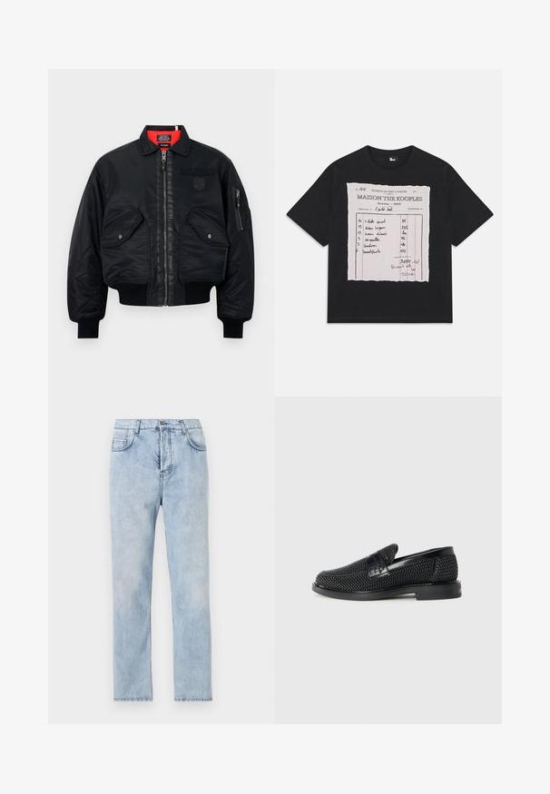 Μαύρο μπουφάν bomber με κλείσιμο φερμουάρ, διαθέτει κόκκινη εσωτερική επένδυση, δύο μπροστινές τσέπες και μία πλευρική τσέπη. Υφαντό ύφασμα με ματ φινίρισμα.; Μαύρη βαμβακερή T-shirt με γραφικό ενός tear sheet που περιέχει χειρόγραφες σημειώσεις, αναφέροντας τις λεπτομέρειες και τις τιμές των αντικειμένων σε αντίθετο χρώμα.; Ανοιχτό μπλε τζιν παντελόνι με ίσια γραμμή, πέντε τσέπες και ορατές ραφές. Το υλικό είναι μαλακό με ελαφρώς ξεθωριασμένη υφή.; Μαύρο πλεκτό παπούτσι slip-on με λείο δερμάτινο στοιχείο στο άνω μέρος, στρογγυλή μύτη και χαμηλό καουτσούκ πάτο.