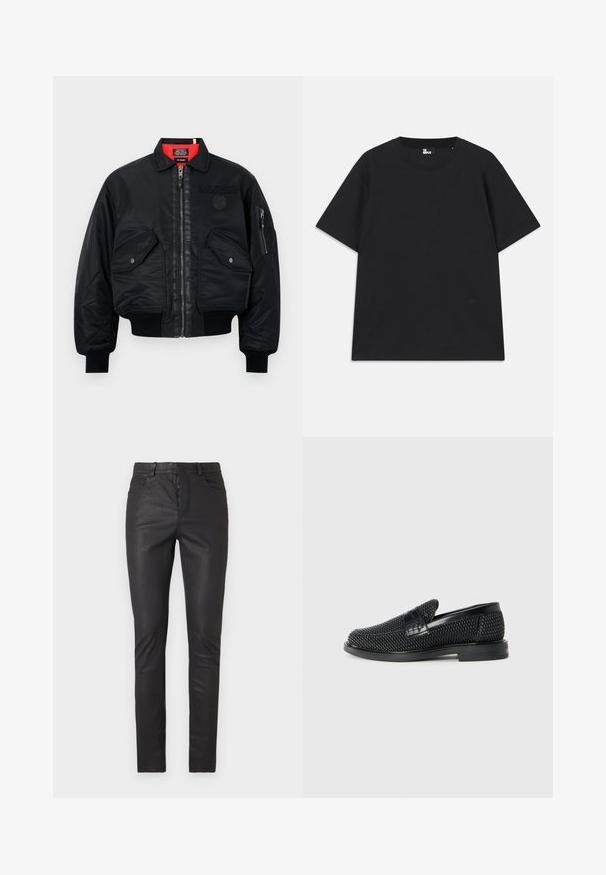 Schwarze Bomberjacke mit Reißverschluss, featuring ein rotes Innenfutter, zwei Fronttaschen und eine Seitentasche. Strukturierter Stoff mit matter Oberfläche.; Schwarzes Kurzarm-T-Shirt aus Baumwolle mit rundem Halsausschnitt und einem kleinen Logo-Detail am Saum. Glatte Textur, reguläre Passform.; Schwarze, schmal geschnittene Kunstlederhosen mit vorderem Knopf, Reißverschluss und Fünf-Taschen-Design, vor einem weißen Hintergrund präsentiert.; Schwarzer geflochtener Slipper mit einem glatten Lederakzent im Obermaterial, einem runden Zehendesign und einer flachen Gummisohle.