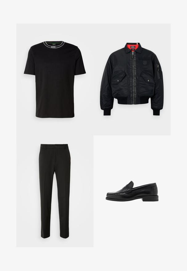 Svart bomberjacka med dragkedja, som har ett rött innerfoder, två framlager, och en sidoficka. Texturerad tyg med matt finish.; Svart kortärmad T-shirt i bomull, med rund halsringning och vit söm samt 'BOSS'-logotyp vid kragen. Klassisk passform.; Svarta byxor tillverkade av slät tyg, med raka ben, knappstängning och en klassisk design som passar för både formell och avslappnad användning.; Svarta läderloafers med en slät finish, sömnadsdetaljer på tån och en låg klackdesign för komfort och stil.