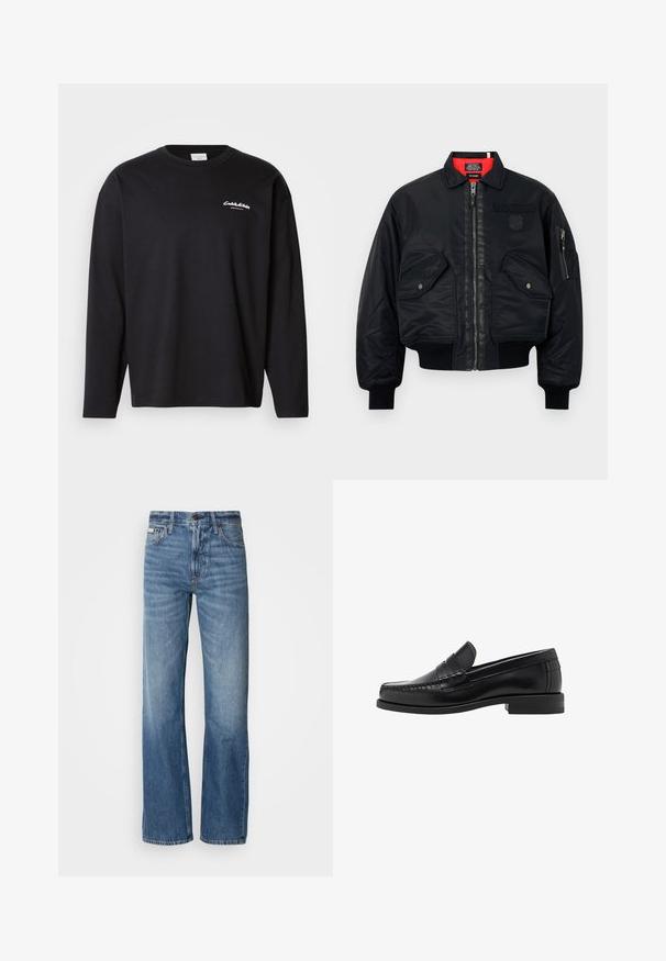 Crna bomber jakna s patentnim zatvaračem, koja ima crvenu unutarnju podlogu, dva prednja džepa i bočni džep. Teksturirana tkanina s mat završetkom.; Crna majica dugih rukava izrađena od pamuka s okruglim izrezom. Ima bijeli logotip na lijevoj strani grudi i opuštenu siluetu. Glatka tekstura.; Plave traperice sa ravnim krojem, visokim strukom i suptilnim izbljeđenjem. Uključuju kopčanje na dugme i patentni zatvarač, te klasičan dizajn s pet džepova.; Crne kožne mokasine s glatkom površinom, šivenim detaljima na prstu i dizajnom niskog potplata za udobnost i stil.