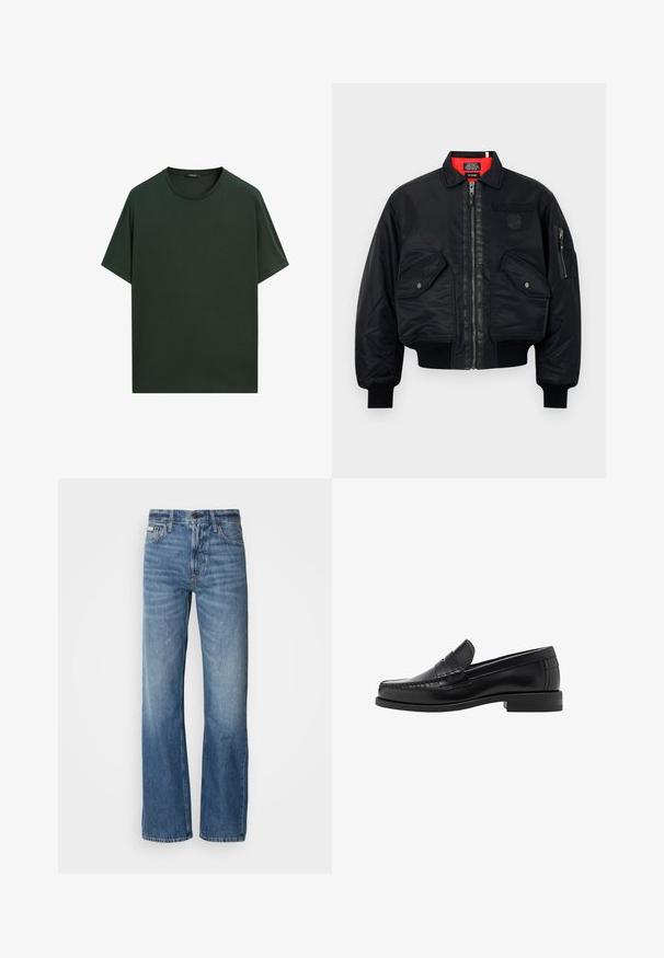 Sort bomberjakke med lynlås, der har en rød inderforing, to frontlommer og en sidelomme. Struktureret stof med mat finish.; Mørkegrøn bomuld t-shirt med ribbet rund hals, korte ærmer og en afslappet pasform. Glat tekstur uden synlige dekorationer.; Blå denim jeans med lige ben, høj talje og let fading. Indeholder en knap- og lynlåslukning samt klassisk fem-lomme design.; Sorte læder loafers med en glat finish, syede detaljer på tåen og et lavt hældesign for komfort og stil.