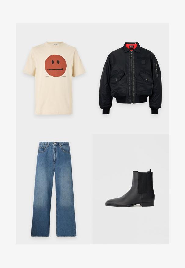 Juodas bomber tipo švarkas su užtrauktuku, su raudonu pamušalu, dviem priekinėmis kišenėmis ir šonine kišene. Struktūrinis audinys su matinio paviršiaus tekstūra.; Bežinė medvilnės t-tankų marškinėliai su dideliu raudonu apvaliu grafiku, turinčiu neutralų veido išraišką, trumpomis rankovėmis ir apvaliu iškirpimu.; Plati blauji džinsai su klasikinio penkių kišenių dizainu, priekyje su mygtuko uždarymu ir šiek tiek išblukusių Detalių.; Juoda odinė Chelsea aulinio batai su elastingomis šoninėmis juostomis ir žemu sluoksniuotu kulnu, pateikti profilio rodinyje ant paprasto šviesaus fono.