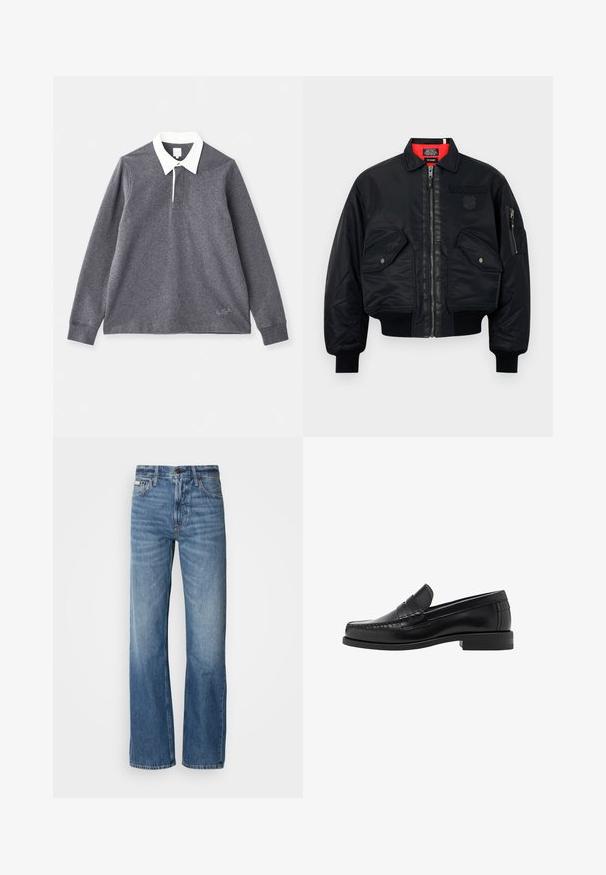 Jachetă bomber neagră cu închidere cu fermoar, având o căptușeală interioară roșie, două buzunare frontale și un buzunar lateral. Material texturat cu un finisaj mat.; Polo gri cu mânecă lungă, fabricat dintr-un amestec de bumbac, cu guler alb. Prezintă o închidere cu butoane și un logo brodat pe tiv.; Cămașă gri cu mâneci lungi, cu nasturi, realizată din bumbac fin. Are un guler clasic și un tiv rotunjit, cu șase nasturi închiși la culoare pe față.; Jeans din denim albastru cu o croială dreaptă, talie înaltă și o decolorare subtilă. Include închidere cu nasture și fermoar, precum și un design clasic cu cinci buzunare.; Mocasini negri din piele, cu un finisaj neted, detalii cusute pe vârf și un design cu toc jos pentru confort și stil.