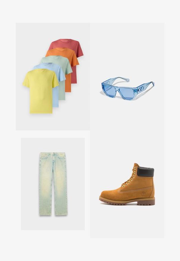 Zila un balta rūtainā krekls ar apkakli, ar divām priekšējām kabatām, melniem pogām un mīkstu auduma tekstūru.; Gaiši zila kapuce, kas izgatavota no mīksta auduma, ar priekšējo kabatu, ribotām piedurknēm un vadāmu kapuci. Minimāli zīmoli uz kabatas.; Pieci īsās piedurknēs t-krekli ar gradientu: dzeltens, gaiši zils, piparmētru zaļš, oranžs un korallkrāsas. Mīksta auduma ar apaļu kakla dizainu.; Gaiši zili džinsi ar brīvu piegriezumu, pieci kabatas, ar rāvējslēdzēju un nodilušu apdari gar augšstilbiem un ceļgaliem.; Brūna zamša potīte ar melnu izšuvumu ap kaklu, zelta metāla acu caurumi, balta šuvju apdare un izturīgs gumijas zole ar izteiktu zīmējumu.; Zilās saulesbrilles ar caurspīdīgu plastmasas rāmi, stūrveida formu un zilām tonētām lēcām. Uz kājām ir logotipa detaļas.