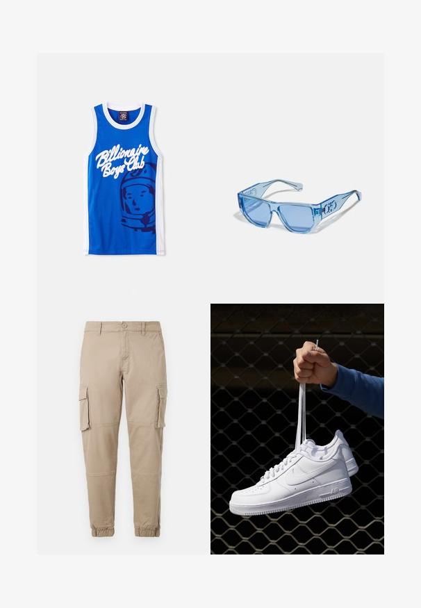 Modrá a bílá kostkovaná košile s límečkem, která má dvě přední kapsy, černé knoflíky a měkkou tkaninu.; Světle modrá mikina s kapucí vyrobená z měkké textilie, s přední kapsou, vroubkovanými manžetami a kapucí se stahovací šňůrkou. Minimální branding na kapse.; Modrý síťovaný tílko s bílým logem "Billionaire Boys Club" a grafikou astronauta. Bílý lem kolem rukávů a výstřihu.; Béžové cargo kalhoty z lehkého bavlněného materiálu. Mají elastické manžety, více bočních kapes a zapínání na knoflík.; Bílé kožené tenisky s perforacemi, kulatou špičkou, plochou podrážkou a silnými tkaničkami, které mají viditelné logo swoosh a nápis "AIR" na patě.; Modré sluneční brýle s průhledným plastovým rámem, ostrým tvarem a modrými tónovanými skly. Obsahují detail loga na stranách.