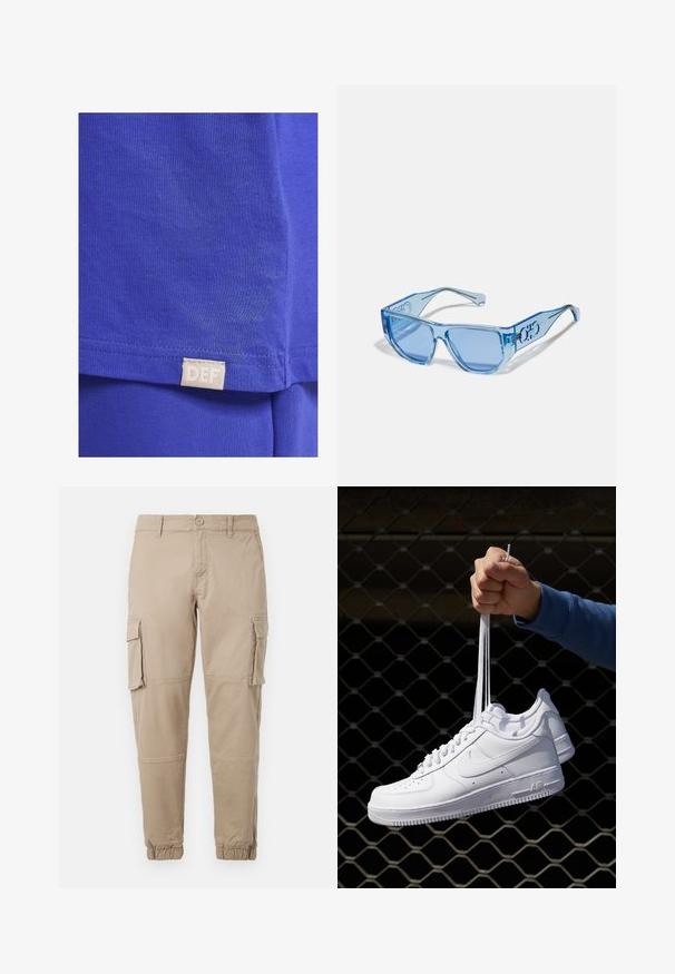 Zila un balta rūtainā krekls ar apkakli, ar divām priekšējām kabatām, melniem pogām un mīkstu auduma tekstūru.; Gaiši zila kapuce, kas izgatavota no mīksta auduma, ar priekšējo kabatu, ribotām piedurknēm un vadāmu kapuci. Minimāli zīmoli uz kabatas.; Zila kokvilnas T-kreklu ar gludu tekstūru, īsām piedurknēm un taisnstūra auduma birku ar tekstu "DEF" tuvumā apakšmalai.; Bežīgas cargo bikses izgatavotas no viegla kokvilnas materiāla. Tām ir elastīgas aproces, vairākas sānu kabatas un pogu aizdare.; Baltas ādas sporta apavi ar perforācijām, apaļu purngali, plakanu zoli un biezām šņorēm, ar redzamu swoosh logo un vārdu "AIR" uz papēža.; Zilās saulesbrilles ar caurspīdīgu plastmasas rāmi, stūrveida formu un zilām tonētām lēcām. Uz kājām ir logotipa detaļas.