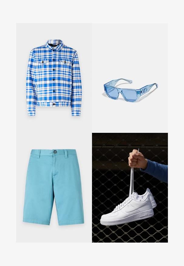 Modrá a biela károvaná košeľa s golierom, s dvoma prednými vreckami, čiernymi gombíkmi a mäkkou textúrou látky.; Svetlomodrá mikina s kapucňou vyrobená z jemnej tkaniny, s prednou kapsou, ribovanými manžetami a šnúrkou na kapucni. Minimalistické logo na kapse.; Svetlomodré šortky vyrobené z hladkej tkaniny. Obsahujú zapínanie na gombík a pútka na opasok, s priamym strihom, ktorý siaha po kolená.; Biele kožené tenisky s perforáciami, okrúhlou špičkou, plochou podrážkou a hrubými šnúrkami, pričom majú viditeľné logo swoosh a nápis "AIR" na päte.; Modré slnečné okuliare s priehľadným plastovým rámom, ostrými tvarmi a modrými tónovanými šošovkami. Na ramenách majú detail loga.