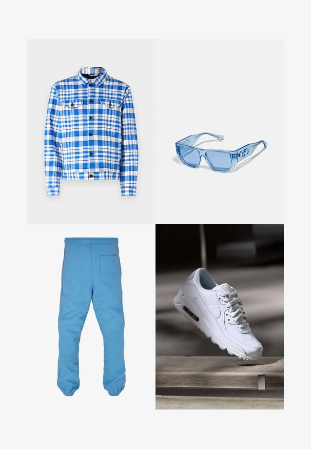 Niebiesko-biała koszula w kratę z kołnierzykiem, z dwoma przednimi kieszeniami, czarnymi guzikami i miękką teksturą materiału.; Jasnoniebieska bluza z kapturem wykonana z miękkiego materiału, z przednią kieszenią, ściągaczami na mankietach i kapturem ze sznurkiem. Minimalne logo na kieszeni.; Jasnoniebieskie dresy wykonane z miękkiego materiału bawełnianego. Posiadają elastyczny pas, zwężane mankiety nogawek oraz kieszeń z tyłu.; Białe skórzane sneakersy z teksturowanymi powierzchniami, wyściełanym kołnierzem i widoczną poduszką powietrzną w podeszwie. Posiadają sznurówki i minimalistyczny design.; Niebieskie okulary słoneczne z przezroczystą plastikową oprawą, kanciastym kształtem i niebieskimi szkłami. Posiadają szczegóły logo na zausznikach.