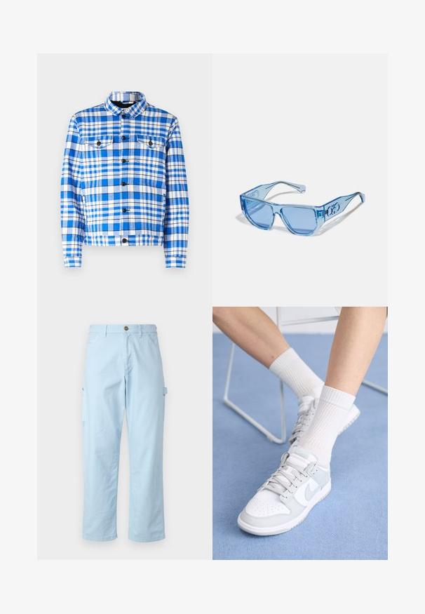 Camicia a quadri blu e bianca con colletto, dotata di due tasche frontali, bottoni neri e una texture di tessuto morbido.; Hoodie azzurro chiaro realizzato in morbido tessuto, con tasca frontale, polsini a coste e cappuccio con cordino. Branding ridotto sulla tasca.; Pantaloni cargo azzurri chiari realizzati in morbido cotone, con una linea dritta, dotati di tasche laterali e chiusura a bottone in vita.; Sneaker bianche con accenti azzurri, tomaia in pelle, punta perforata, lacci spessi e calze bianche a coste su sfondo blu.; Occhiali da sole blu con montatura in plastica trasparente, forma angolare e lenti azzurre. Presentano dettagli del logo sulle aste.