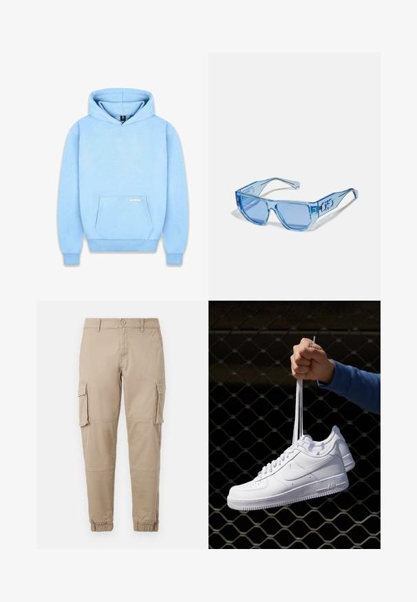 Blauw-wit geruit overhemd met een kraag, voorzien van twee voorzakken, zwarte knopen en een zachte stofstructuur.; Lichtblauwe hoodie van zacht materiaal, met een voorzak, ribgebreide manchetten en een capuchon met trekkoord. Minimale branding op de zak.; Beige cargobroek van lichtgewicht katoenen materiaal. Kenmerkend zijn de elastische boorden, meerdere zijzakken en een knoopsluiting.; Witte leren sneakers met perforaties, ronde neus, vlakke zool en dikke veters, met een zichtbare swoosh-logo en "AIR" op de hiel.; Blauwe zonnebril met een transparant kunststof frame, hoekige vorm en blauw getinte glazen. Bevat logo detail op de armen.