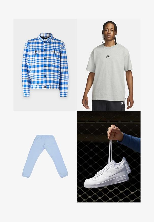 Modrá a bílá kostkovaná košile s límečkem, která má dvě přední kapsy, černé knoflíky a měkkou tkaninu.; Mladý člověk s pletenými vlasy, oblečený v světle šedém tričku Nike a černých šortkách Nike, na čistém bílém pozadí.; Světle modré tepláky z měkkého materiálu s elastickým pasem, tapered nohavicemi a jemným logem na boku.; Bílé kožené tenisky s perforacemi, kulatou špičkou, plochou podrážkou a silnými tkaničkami, které mají viditelné logo swoosh a nápis "AIR" na patě.