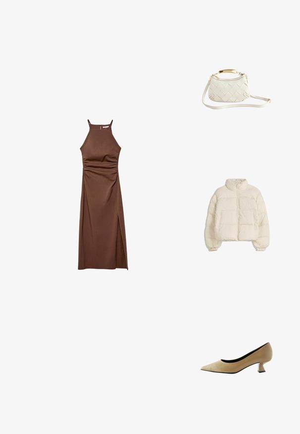 Krémová vypchávkovaná bunda s vysokým golierom, predným zipsom, elastickými manžetami a dvoma bočnými vreckami. Má štvorcový, skrátený strih.; Stradivarius HALTER - Šaty do práce - dark brown; Next WIDE FIT FOREVER COMFORT KITTEN HEEL COURT - Klasické lodičky na opätku - taupe brown; Biela woven kožená kabelka so zlatým držadlom, odnímateľným ramenným popruhom a zaobleným dnom. Obsahuje zips na vrchu.