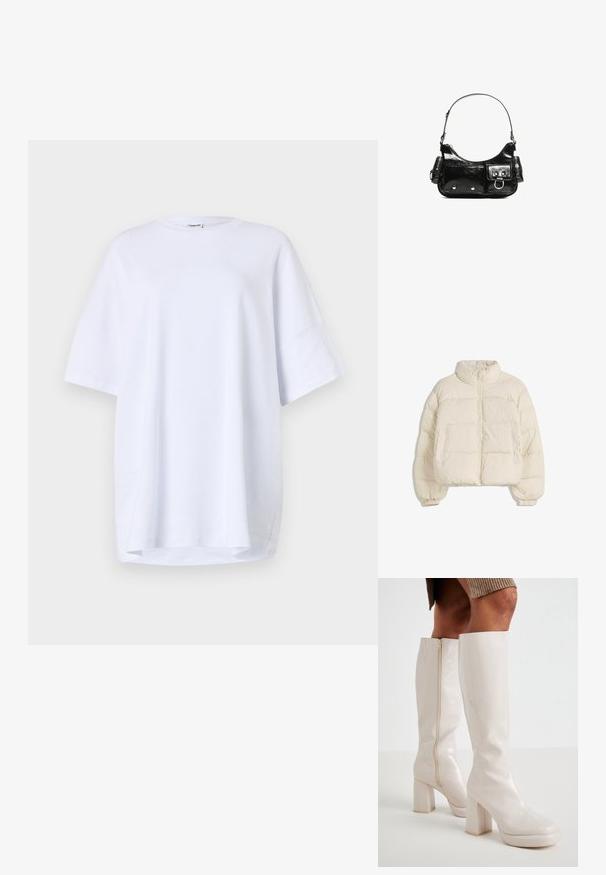 Giacca imbottita color crema con colletto alto, zip frontale, polsini elastici e due tasche laterali. Presenta un design cropped e svasato.; T-shirt bianco oversize a maniche corte in cotone. Collo rotondo, spacchi laterali all'orlo e texture liscia senza motivi o accenti visibili.; Even&Odd Stivali con i tacchi - off-white; Borsa a spalla in vernice nera con forma curvata, una tracolla, tasche frontali e dettagli in metallo argentato.; Borsa a spalla in vernice nera con forma curvata, una tracolla, tasche frontali e dettagli in metallo argentato.