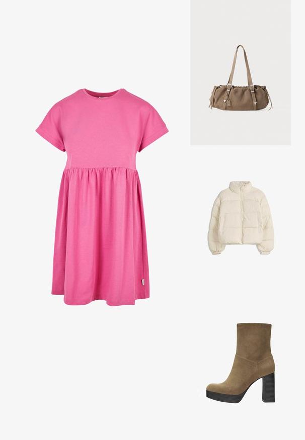 Krém színű puffos kabát magas gallérral, elülső cipzárral, rugalmas mandzsettákkal és két oldalsó zsebbel. A dizájnja dobozos, rövid fazonú.; Rózsaszín pamutruha rövid ujjakkal, kerek nyakkal és behúzott derékkal. A szoknya finoman hullámosan folyik, kissé kerekített szegéllyel.; Barna velúr bokacsizma kerek orral, magas tömbsarokkal és texturált fekete platform talppal. Simább felülettel és minimális varrási részlettel.; Barna velúr kézitáska ráncolt tetejével, ezüst színű fém kiegészítőkkel és két vállpánttal. Téglalap alakú és minimalista dizájn jellemzi.