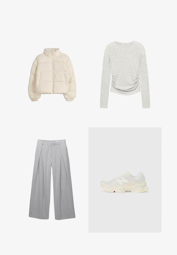 Kremfarvet polstret jakke med høj krave, lynlås foran, elastiske mansjetter og to sidelommer. Har en boxy, cropped design.; Grå langærmet top lavet af blødt, letvægtsstof med en rund udskæring og rynkede detaljer på siden for et tætsiddende look.; Lys grå vidde bukser, lavet af tekstureret stof, med frontfald, bæltestropper og en skrædderlavet talje. Ingen synlige lukninger.; Letvægtssneakers med en overdel i mesh og ruskind i bløde cremetoner, med en kraftig sål og tredimensionelle accenter.