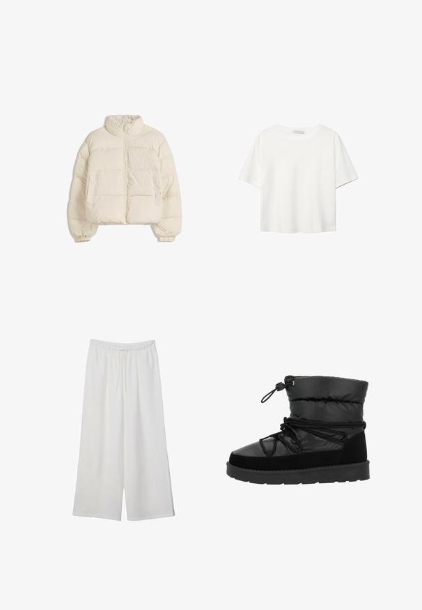 Cremefarbene, gepolsterte Jacke mit hohem Kragen, Frontreißverschluss, elastischen Bündchen und zwei seitlichen Taschen. Verfügt über ein kastiges, kurzes Design.; Weißes T-Shirt mit kurzen Ärmeln aus Baumwolle. Hat einen Rundhalsausschnitt und eine lockere Passform. Glatte Textur ohne sichtbare Muster oder Akzente.; Weiße, weit geschnittene Hosen aus leichtem Stoff, mit einem elastischen Bund und einem Zugband für eine verstellbare Passform. Glatte Textur.; Schwarzer isolierter kniehoher Stiefel mit einem gepolsterten Schaft, Wildlederakzenten, einer dicken Gummisohle und einem verstellbaren Kordelzug für einen sicheren Sitz.