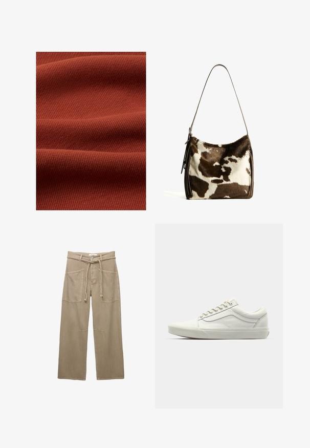 Kremowa ocieplana kurtka z wysokim kołnierzem, zamek z przodu, elastyczne mankiety i dwie boczne kieszenie. Charakteryzuje się krótkim, pudełkowym krojem.; Thinking Mu HARRIET brązowy; Beżowe spodnie typu wide-leg wykonane z trwałej tkaniny, z dużymi przednimi kieszeniami, plecionym paskiem i subtelnymi detalami przeszycia.; Biały płócienny sneakers z niską cholewką, okrągłym noskiem i teksturowaną gumową podeszwą. Posiada wzmocnione szwy i srebrne oczka na sznurowadła.; Torebka na ramię z brązowej i kremowej skóry bydlęcej, z gładkim skórzanym paskiem, zamknięciem na zamek oraz miękką, teksturowaną powierzchnią o naturalnym wzorze.