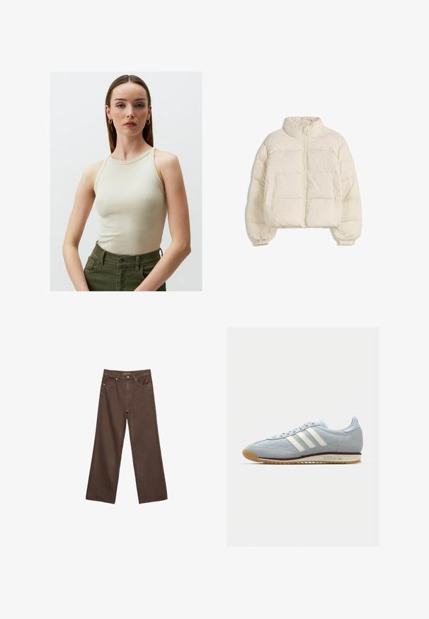 Giacca imbottita color crema con colletto alto, zip frontale, polsini elastici e due tasche laterali. Presenta un design cropped e svasato.; Top beige a costine con scollo alto e spalline sottili, abbinato a pantaloni a vita alta verde scuro con tasche laterali.; Jeans a gamba larga marroni in denim, con vita alta, tasche anteriori e chiusura a bottone classica. Tessuto liscio con cuciture sottili.; Sneaker in suede bluastro con tre strisce bianche, suola in gomma e tessuto a rete testurizzato. Presenta un copri punta liscio e un marchio sul tallone.