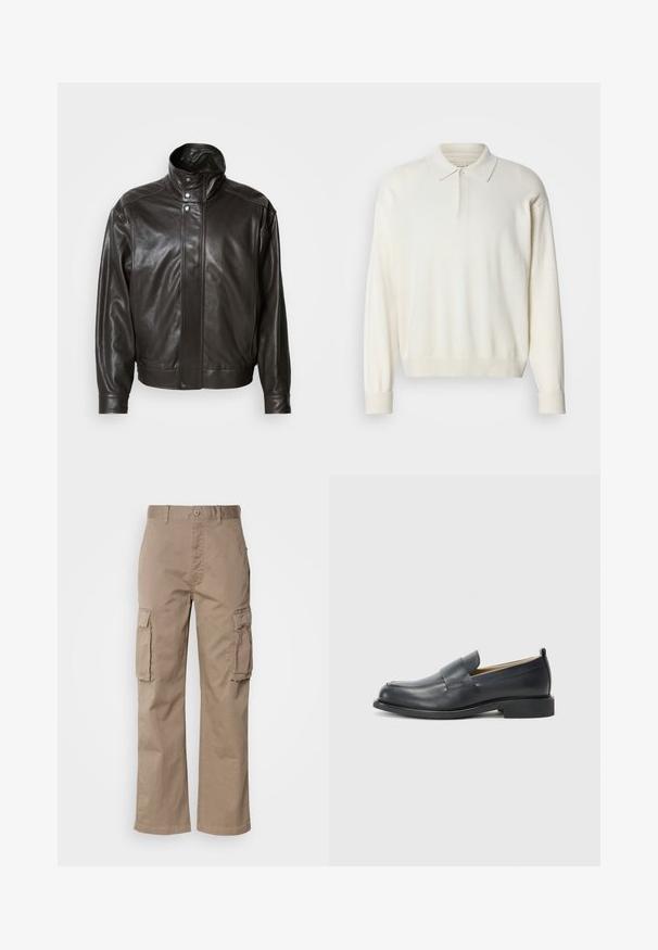 Brūna ādas jaka ar augstu apkakli, metāliskām pogām un plūstošu dizainu. Iespējas gluda tekstūra un izsmalcināta šuvumu detaļa.; Balts garais piedurkņu polo džemperis, izgatavots no mīksta materiāla, ar klasisku apkakli, pogu slēgu un ribotiem paaugstinājumiem un apakšmalu.; Beige kravs bikses, kas izgatavotas no kokvilnas, ar brīvu fit, divām sānu kabatām un pogu aizdari jostasvietā.; Melnas ādas loafers ar gludu virsmu, plakanu zoli un noapaļotu pirkstu, ar dekoratīvu jostu pāri augšdaļai.