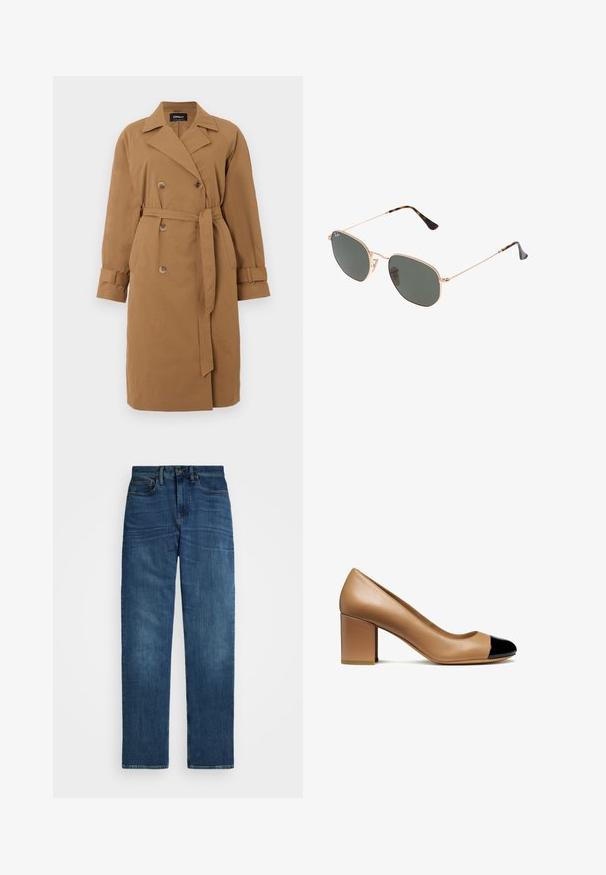 Brązowy płaszcz trenchowy wykonany z tkaniny, z podwójnym zapięciem, klapami, bocznymi kieszeniami i paskiem związanym w talii.; Sweter w serek w jasnobrązowym kolorze, wykonany z miękkiego materiału. Posiada ściągacze przy mankietach i dolnym wykończeniu, luźny krój oraz długie rękawy.; Biała bluzka z długim rękawem, klasycznym kołnierzykiem, zapięciem na guziki z przodu i marszczeniem po bokach. Gładki materiał o dopasowanym kroju.; Granatowe dżinsy o prostym kroju, z zapięciem na jeden guzik i standardowymi szlufkami na pasek. Posiadają delikatne przetarcia oraz klasyczny fason pięciu kieszeni.; Beżowy skórzany czółenek z okrągłym noskiem i czarnym lakierowanym noskiem, z blokowym obcasem i gładką fakturą.; Złote okulary przeciwsłoneczne w stylu aviatora z ciemnozielonymi soczewkami, z wąskimi ramionami i akcentami w panterkę na końcach.; Torebka typu hobo w głębokiej czerwonej skórze z fakturą, z złotym zamkiem błyskawicznym, regulowanym paskiem na ramię i subtelnym akcentem logo na dole.