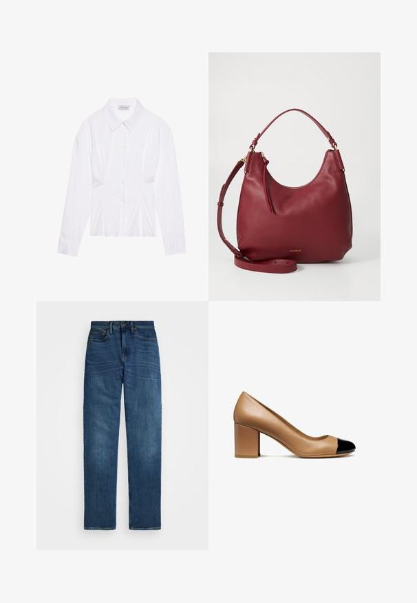 Cappotto trench marrone in tessuto, caratterizzato da un design doppiopetto, colletto a punte, tasche laterali e una cintura legata in vita.; Maglione a V in marrone chiaro, realizzato in materiale morbido. Presenta polsini e orlo a coste, con una vestibilità morbida e maniche lunghe.; Blusa bianca a maniche lunghe con colletto classico, chiusura frontale con bottoni e dettaglio arricciato sui lati. Tessuto liscio con una forma sartoriale.; Jeans in denim blu scuro con taglio dritto, chiusura a bottone singolo e passanti per cintura standard. Presentano un leggero sbiadimento e un classico design a cinque tasche.; Décolleté in pelle beige con punta arrotondata e punta in vernice nera, dotato di tacco a blocco e texture liscia.; Borsa hobo in pelle rossa a grana profonda, con zip dorata, tracolla regolabile e una sottile accento del logo alla base.