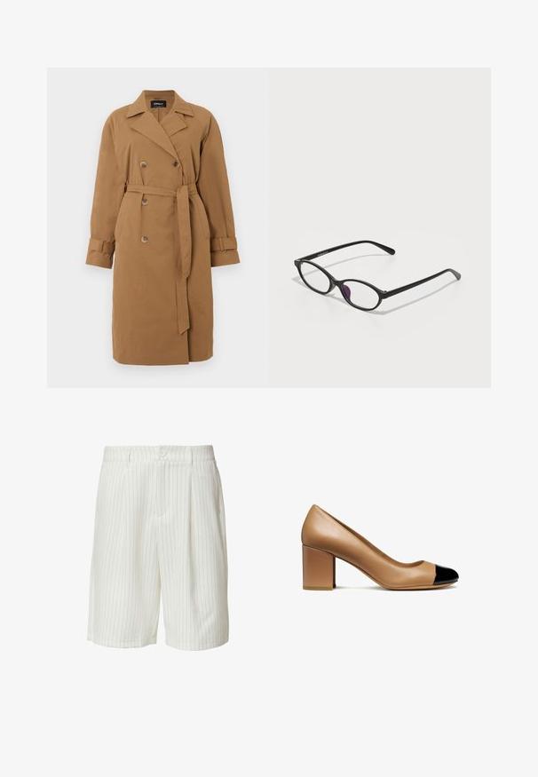 Brauner Trenchcoat aus Stoff, mit einem doppelt geknöpften Design, eingeschlapptem Kragen, seitlichen Taschen und einem Gürtel, der in der Taille gebunden ist.; Weiße Bluse mit langen Ärmeln, klassischem Kragen, vorderer Knopfleiste und gerafftem Seitendetail. Glattes Material mit taillierter Form.; Weiße Shorts mit Pinstreifen aus strukturiertem Stoff, ausgestattet mit einem Knopfverschluss, Falten und Seitentaschen. Maßgeschneiderter Schnitt; knielanger Stil.; Beige Lederpumps mit runder Spitze und schwarzem Lackkappen, ausgestattet mit einem Blockabsatz und glatter Textur.; Schwarze Kunststoffbrille mit ovaler Form, ausgestattet mit klaren Gläsern und einem lila Akzent auf dem linken Glas. Elegantes, minimalistisches Design.