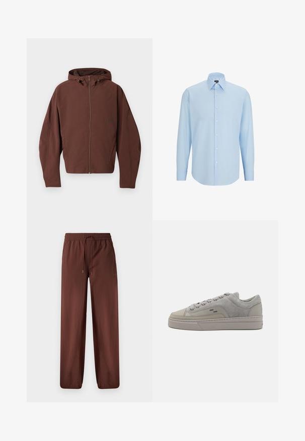 Pruun kapuutsiga jope koos täispikaga tõmblukuga, valmistatud kergest materjalist, millel on lõdvestatud lõige ja õmblused. Ilma nähtavate logo aktsentideta.; Hele sinine pikkade varrukatega kleidisärk, mis on valmistatud siledast kangast, millel on nööpidega eesmine osa, terav kaelus ja tavaline lõige.; Kohvased, kerged püksid elastse vöökoha, nööri detaili ja kitsenevate säärtega. Sile tekstuur, ei ole taskuid, minimaalne brändimine.; Filling Pieces RIVIERA - Tossud - light grey