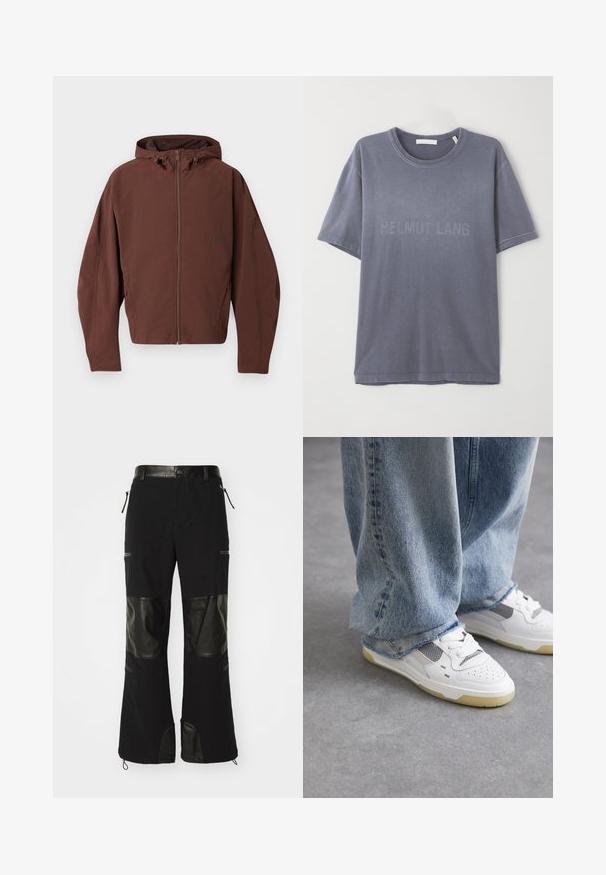 Giacca cappuccio marrone con zip completa, realizzata in materiale leggero, caratterizzata da una vestibilità comoda e dettagli delle cuciture. Nessun logo visibile.; T-shirt in cotone grigio con maniche corte e scollatura rotonda, con logo in rilievo "HELMUT LANG" sulla parte anteriore. Tessuto morbido, vestibilità casual.; Pantaloni neri realizzati in un mix di tessuto e pelle, con pannelli in pelle sulle ginocchia, cintura regolabile e tasche con zip.; Filling Pieces CRUISER GREY UNISEX - Sneakers basse - grey