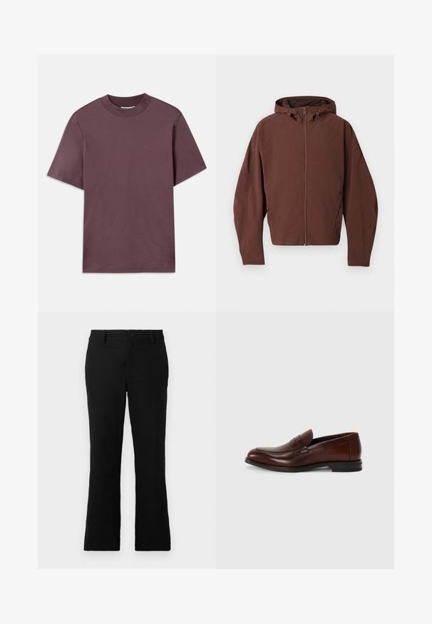 Pruun kapuutsiga jope koos täispikaga tõmblukuga, valmistatud kergest materjalist, millel on lõdvestatud lõige ja õmblused. Ilma nähtavate logo aktsentideta.; Lühikeste varrukatega, ümar kaelusega t-särk tumelillas, pehmest puuvillast. Esifaasil on minimaalne bränding samas värvitoonis.; Mustad laiad püksid, mis on valmistatud puuvillase segukanga, millel on nööbikinnitus, vöökohad ja sile tekstuur, ilma nähtavate mustriteta.; Pruunist nahast loafers'd ümara varbaga, eesrinde rihma detailiga ja madala kühveldatud kanna ning siledalt tekstuurilt, minimaalse dekoratiivsete aktsentidega.