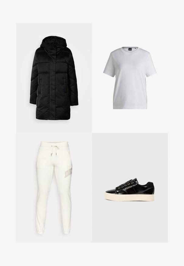 Zwarte puffy jas met een capuchon, voorzien van een ritssluiting aan de voorkant, twee zijzakken en een gestikte ontwerp. Gladde textuur en een middellange silhouet.; Witte katoenen t-shirt met een ronde halslijn, korte mouwen en een ontspannen pasvorm. Heeft een klein merketiket nabij de kraag.; Witte sweatpants met een koord in de taille, elastische boorden, zijzakken en een 'DKNY'-logo van strass op de linker bovenbeen.; Zwarte patent leren sneakers met een platte crèmekleurige zool. Voorzien van zwarte veters, gouden oogjes en logodetail aan de zijkant. Rondneus ontwerp.