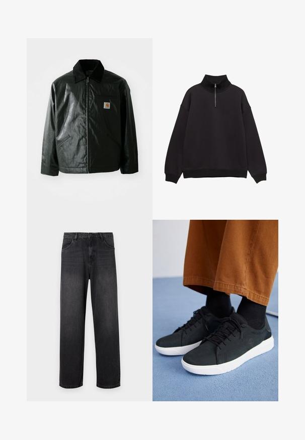 Čierna bundu na zips vyrobenú z hladkého, lesklého materiálu. Obsahuje kordový golier, dve predné vrecká a malú nášivku s logom na hrudi.; Čierny flísový pulóver s vysokým rebrovaným golierom, polovičným zipsom a spustenými ramenami. Vyznačuje sa voľným strihom a rebrovaným lemom a manžetami.; Tmavošedé džíny s rovnými nohavicami, so zapínaním na zips, piatimi vreckami a jemnými odfarbeniami na látke.; Čierne zamatové tenisky s bielymi gumovými podrážkami, so šnurovacím dizajnom, textúrovanými akcentami a decentným brandingom, skombinované s hnedými nohavicami.