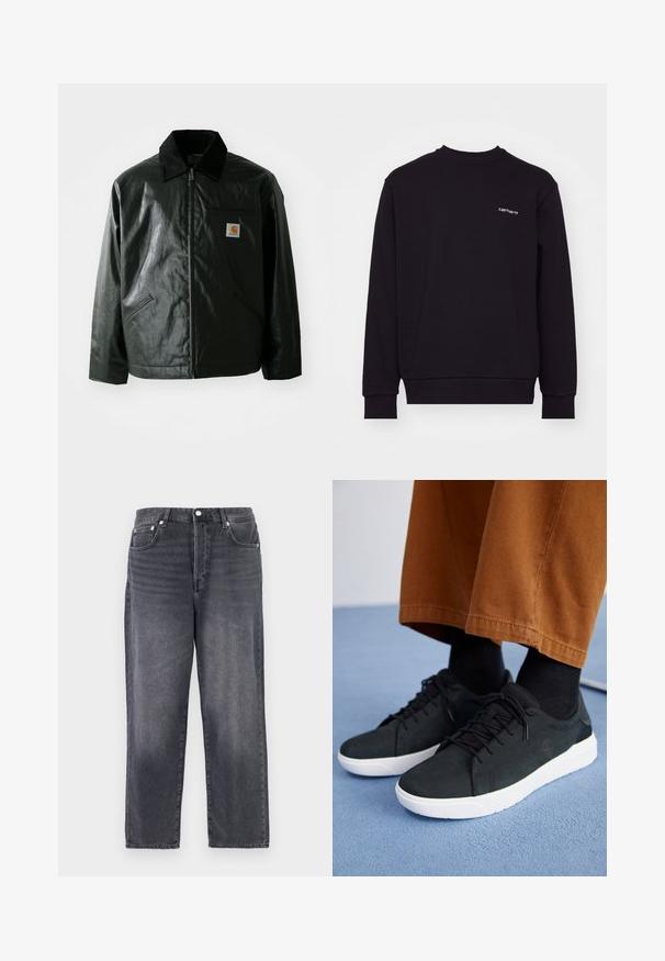 Veste noire zippée en matériau lisse et brillant. Elle dispose d'un col en velours côtelé, de deux poches avant et d'un petit écusson logo sur la poitrine.; Sweatshirt noir en matériau doux avec un col rond, des manches longues et des poignets côtelés. Présente un petit logo blanc sur la poitrine.; Jeans en denim gris foncé avec une coupe droite, cinq poches et des éléments en métal. Le tissu a une texture subtile et des accents délavés.; Baskets en suede noir avec semelles en caoutchouc blanc, présentant un design à lacets, des accents texturés et une branding discrète, associées à un pantalon marron.