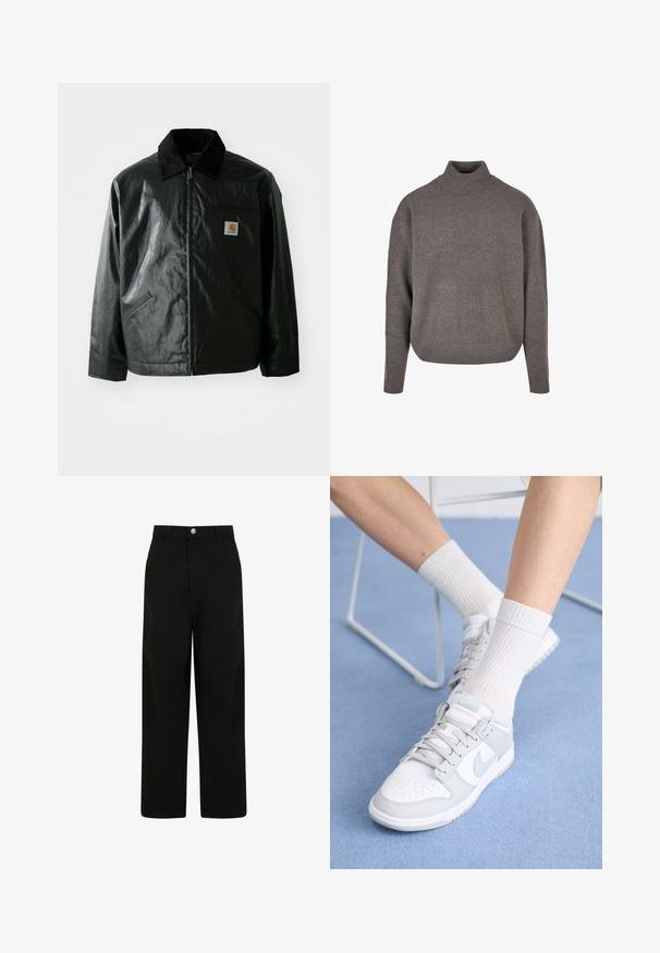 Fekete zipzáros dzseki sima, fényes anyagból. Kordbársony gallérral, két elülső zsebbel és egy kis logós felvarrással a mellkason.; Szürke garbó pulóver, puha, texturált kötött anyagból. Laza fazonú, hosszú ujjú, bordázott mandzsettákkal és szegéllyel.; Fekete, bő szárú nadrág, pamutból készült. Elöl gombos záródással, két oldalzsebbel és laza illeszkedésű kialakítással rendelkezik.; Fehér sportcipők világoskék részletekkel, bőr felsőrésszel, perforált orral, vastag fűzőkkel és bordázott fehér zoknikkal, kék háttér előtt.