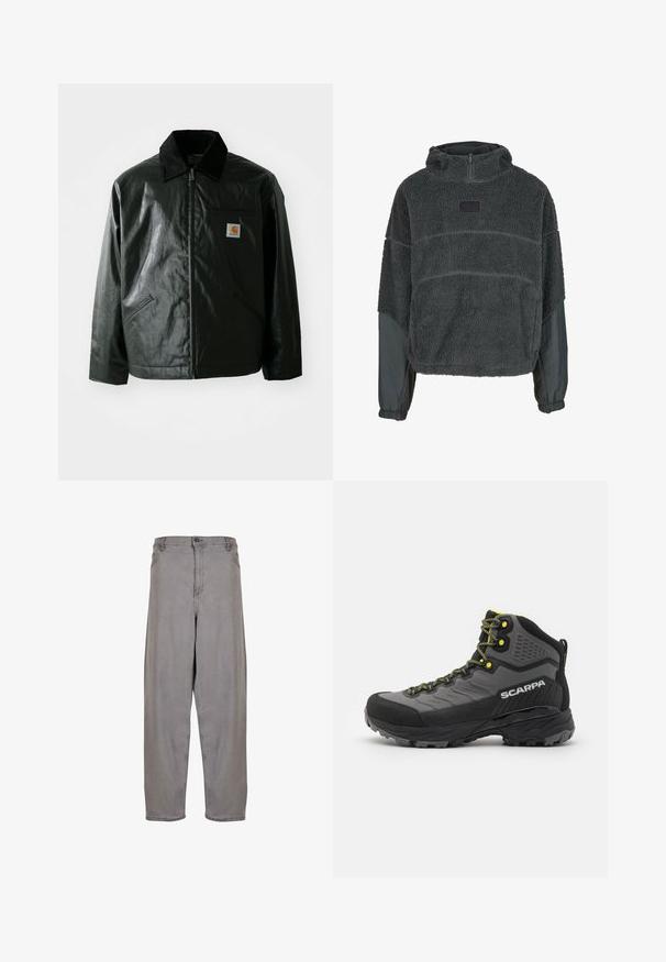 Veste noire zippée en matériau lisse et brillant. Elle dispose d'un col en velours côtelé, de deux poches avant et d'un petit écusson logo sur la poitrine.; Pull en polaire gris foncé, avec une texture douce, un col zippé demi-long, une capuche et des accents de tissu mat contrastants sur les manches.; Pantalons en denim gris avec une taille haute, coupe large, fermeture éclair à l'avant et bouton. Texture lisse avec un design minimaliste.; Botte de randonnée noire et grise avec un tissu texturé, accents jaune vif, bout renforcé et semelle en caoutchouc avec des crampons profonds pour une meilleure adhérence.