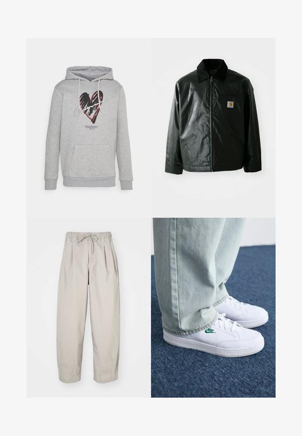 Casaco preto com fecho éclair, feito de material liso e brilhante. Apresenta um colarinho de veludo, dois bolsos frontais e um pequeno emblema no peito.; CLOSURE London HEART HOODY - Camisola - grey; Calças leves, bege, com cintura elástica e cordão. Apresenta pregas e um corte largo, confeccionadas em tecido suave e liso.; Tênis de couro brancos com logo verde da Nike, bico redondo, sola plana, combinados com calças de denim azul claro, exibidos sobre um tapete azul.