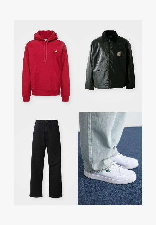 Giacca nera con zip realizzata in materiale liscio e lucido. Presenta un colletto in corduroy, due tasche frontali e una piccola patch con logo sul petto.; Carhartt WIP HOODED AMERICAN SCRIPT  - Felpa con cappuccio - tuscany; Pantaloni in denim nero con taglio dritto, caratterizzati da tasche frontali, chiusura con zip e un singolo bottone superiore. Tessuto testurizzato con finitura opaca.; Sneakers in pelle bianca con logo Nike verde, punta rotonda, suola piatta, abbinati a pantaloni in denim azzurro, mostrati su un tappeto blu.