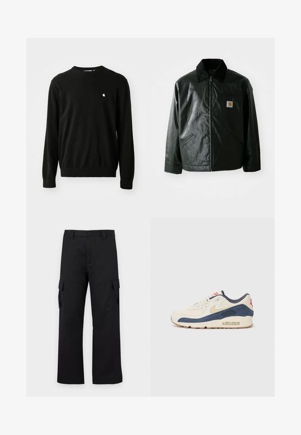 Casaco preto com fecho éclair, feito de material liso e brilhante. Apresenta um colarinho de veludo, dois bolsos frontais e um pequeno emblema no peito.; Sweater de algodão preto com mangas longas, decote redondo, punhos e barra canelados. Apresenta um pequeno logo branco do lado do peito.; Calças cargo pretas com um design de perna reta. Feitas de um tecido durável, apresentam dois bolsos laterais com fechos de aba e um fecho de botão.; Tênis com parte superior em couro creme e camurça azul-marinho, apresentando uma sola de ar visível, solado em borracha bege e um detalhe vermelho no calcanhar.