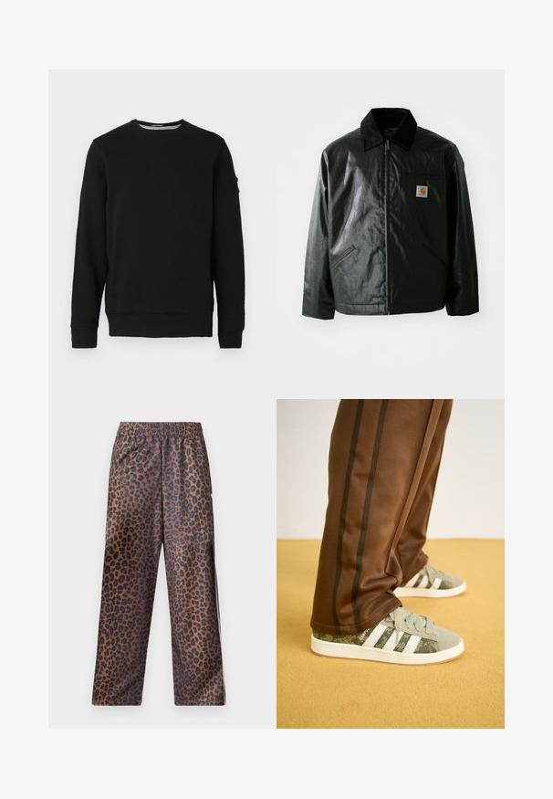 Must mustaga, läikiva materjaliga musta värvi jakk. Omab kordonilõikega kraed, kahte esikäe taskut ja väikest logo sildi rinnal.; Mustansinine ümmarguse kaelusega särk pika varrukaga, soonikkäised ja -äär. Pehme kangas, kus vasakul varrukal on sildike ning minimaalne disain.; Leopardimustrilised püksid elastse vöökoha ja mugava lõikega. Valmistatud läikivast kangast, millel on pruun taust mustade laikudega.; Roheline kamuflaažiga tossud valgete triipudega, tekstuuriga kangas ja kummist tallad, koos pruunide spordipükstega, millel on tumedad külgtriibud.