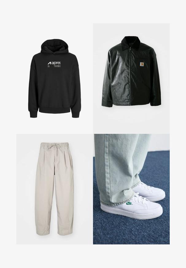 Black zip-up jacket made of smooth, shiny material. Features a corduroy collar, two front pockets, and a small logo patch on the chest.; Black hooded sweatshirt made of soft material, featuring a white graphic text with coordinates and logo on the front. Long sleeves and ribbed cuffs.; Beige, lightweight trousers with an elastic waistband and drawstring. Features pleats and a loose fit, crafted from soft, smooth fabric.; White leather sneakers with green Nike logo, round toe, flat sole, paired with light blue denim pants, shown on a blue carpet.