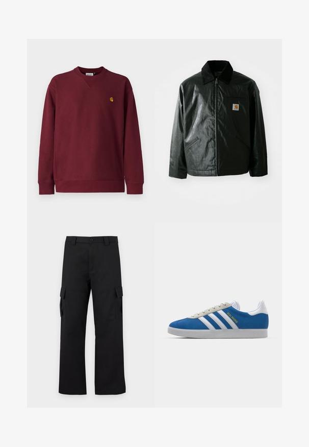 Giacca nera con zip realizzata in materiale liscio e lucido. Presenta un colletto in corduroy, due tasche frontali e una piccola patch con logo sul petto.; Carhartt WIP AMERICAN SCRIPT - Felpa - malbec; Pantaloni cargo neri con design a gamba dritta. Realizzati in tessuto resistente, dotati di due tasche laterali con chiusura a pattina e chiusura con bottone.; adidas Originals ADIDAS GAZELLE SHOES - Scarpe da calcio indoor - real madrid/bluebird/footwear white/crew yellow