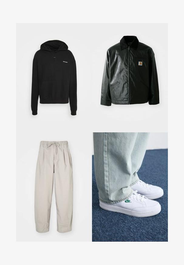 Casaco preto com fecho éclair, feito de material liso e brilhante. Apresenta um colarinho de veludo, dois bolsos frontais e um pequeno emblema no peito.; Night Addict Sweatshirt com capuz - black; Calças leves, bege, com cintura elástica e cordão. Apresenta pregas e um corte largo, confeccionadas em tecido suave e liso.; Tênis de couro brancos com logo verde da Nike, bico redondo, sola plana, combinados com calças de denim azul claro, exibidos sobre um tapete azul.